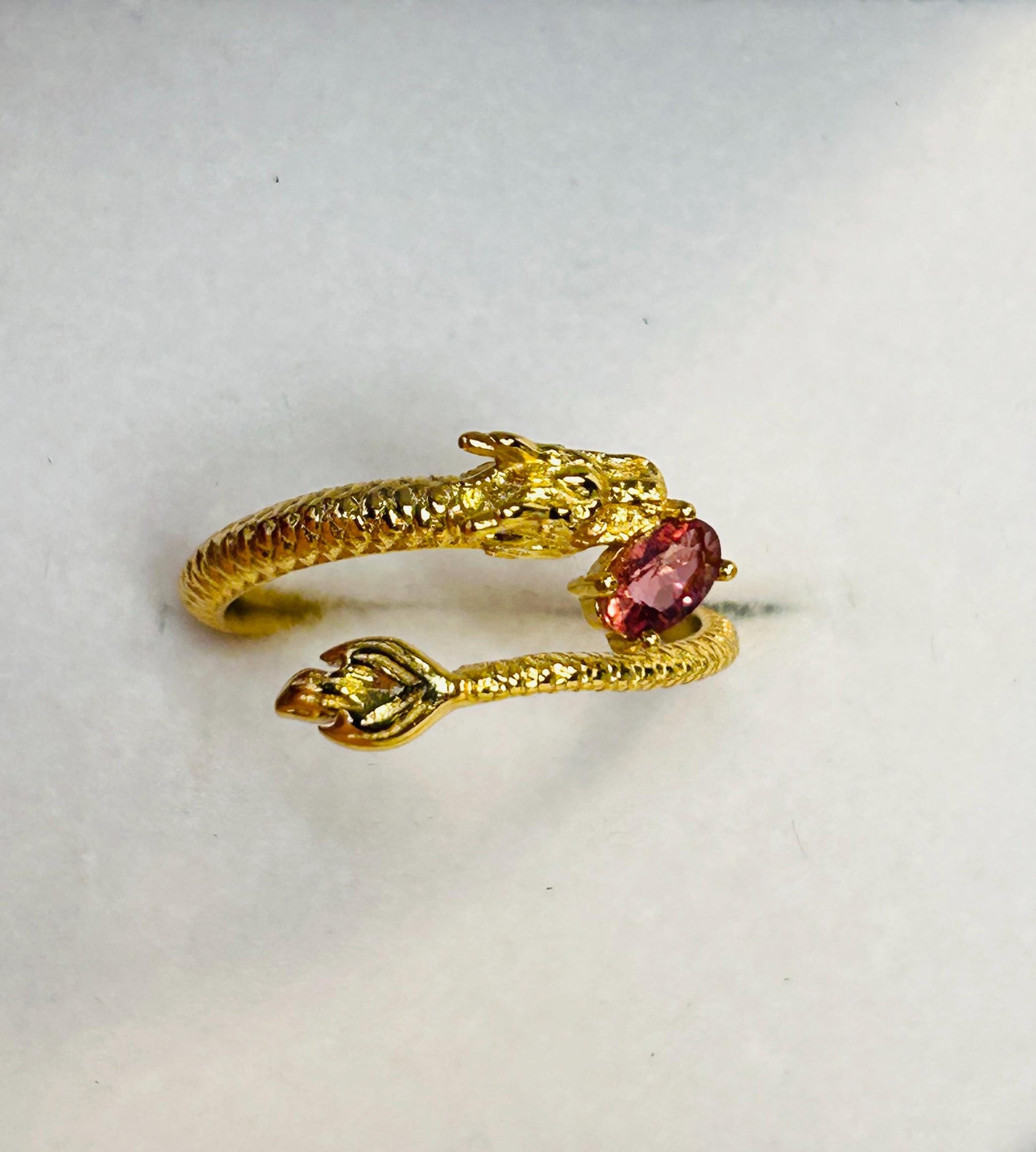 Gold Dragon Ring, 925 Sterling Silver with Pink Tourmaline - Adjustable Gemstone Mythical Jewellery Celtic Dragon Jewellery