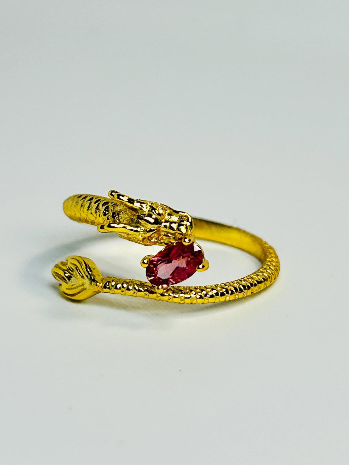 Gold Dragon Ring, 925 Sterling Silver with Pink Tourmaline - Adjustable Gemstone Mythical Jewellery Celtic Dragon Jewellery