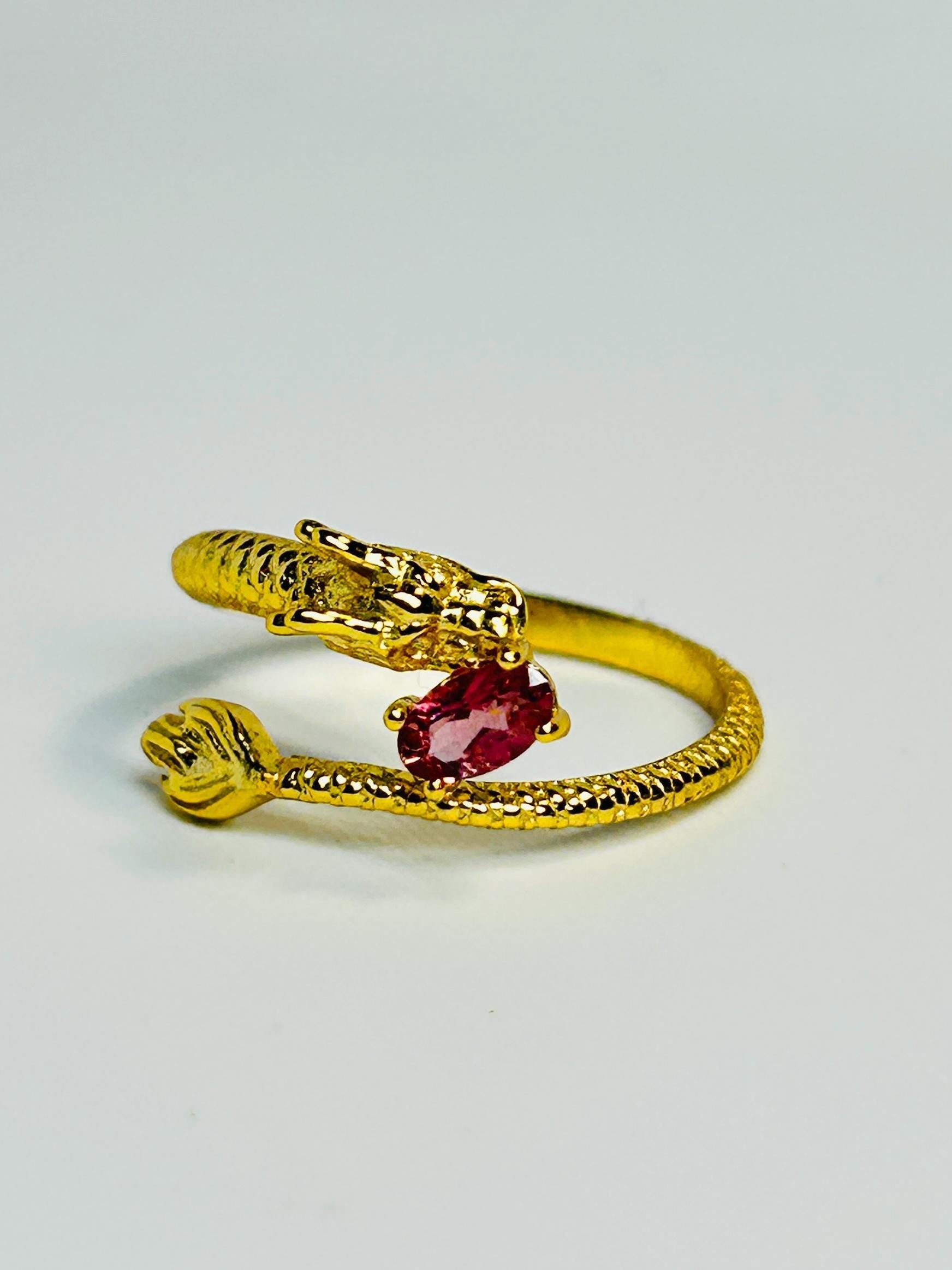 Gold Dragon Ring, 925 Sterling Silver with Pink Tourmaline - Adjustable Gemstone Mythical Jewellery Celtic Dragon Jewellery