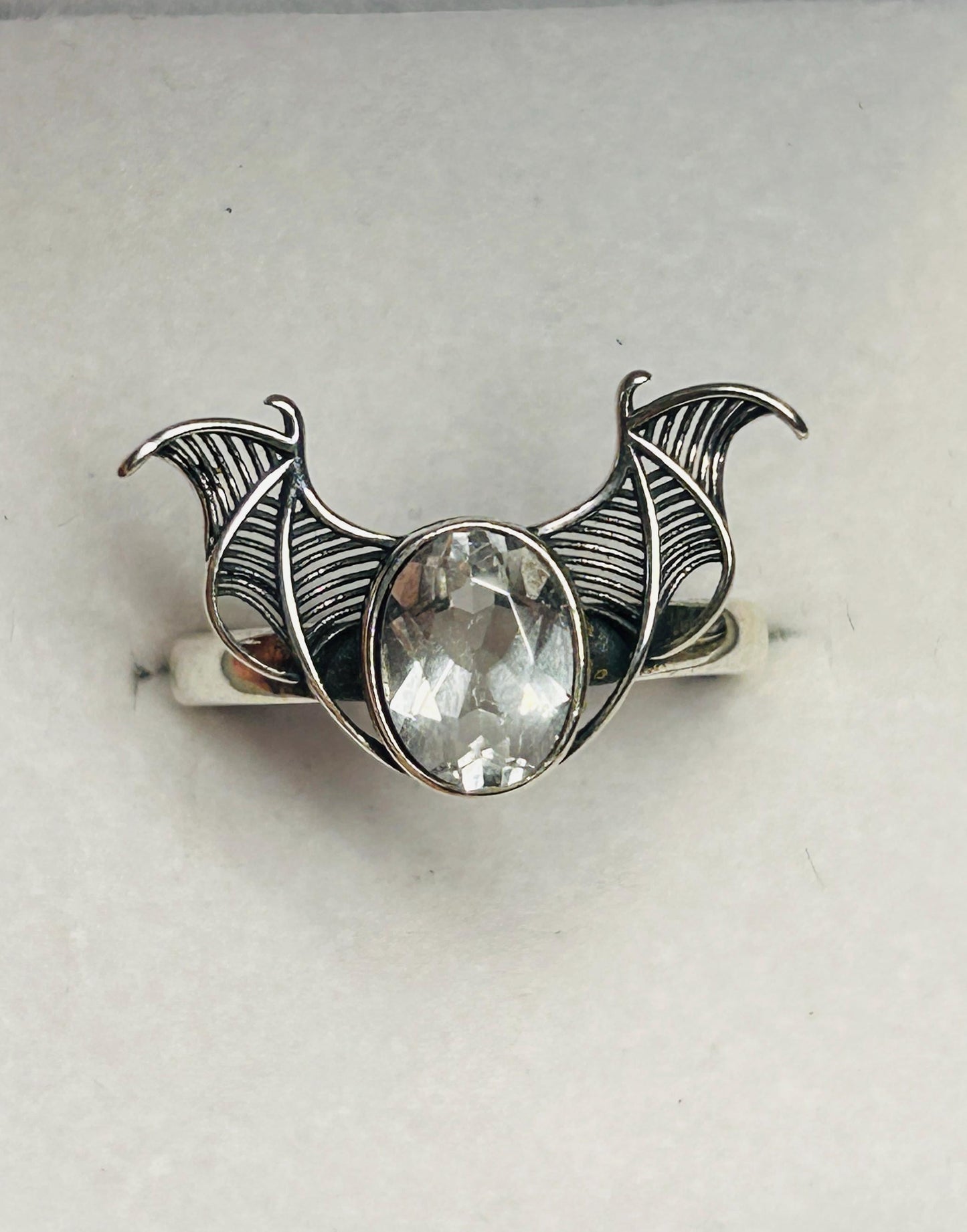 Clear Quartz Bat Ring in 925 Sterling Silver - Adjustable Goth Vampire Wing Jewellery Celtic Dragon Jewellery