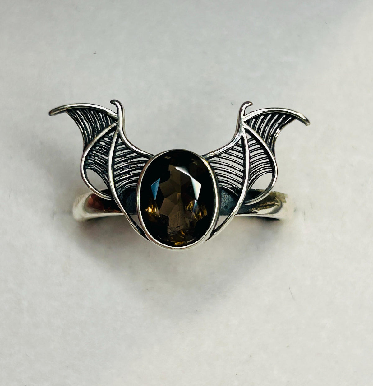 Smoky Quartz Bat Ring in 925 Sterling Silver - Adjustable Goth Vampire Wing Jewellery Celtic Dragon Jewellery