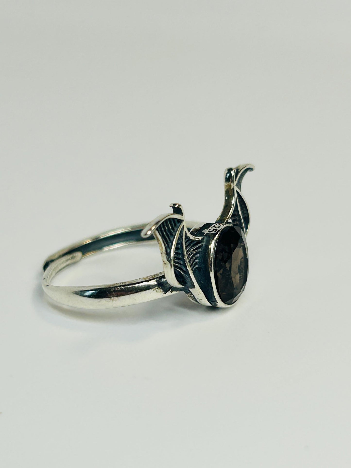 Smoky Quartz Bat Ring in 925 Sterling Silver - Adjustable Goth Vampire Wing Jewellery Celtic Dragon Jewellery