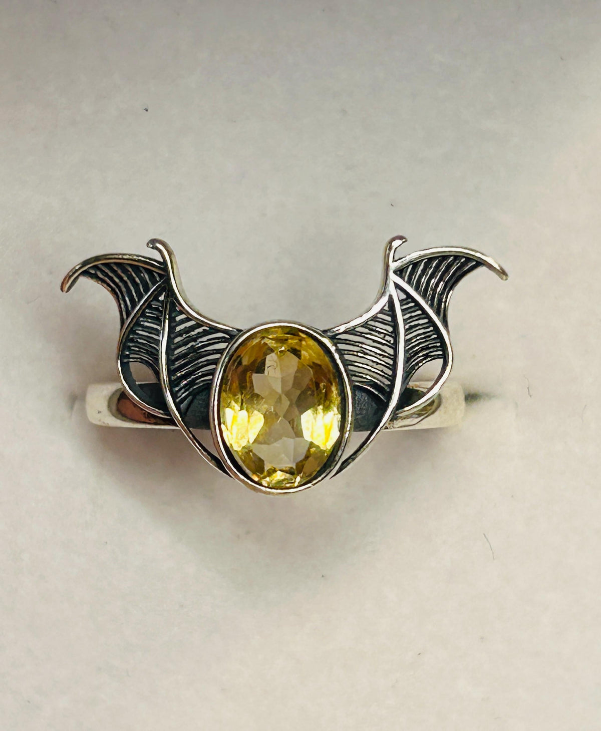 Citrine Bat Ring in 925 Sterling Silver - Adjustable Goth Vampire Wing Jewellery Celtic Dragon Jewellery