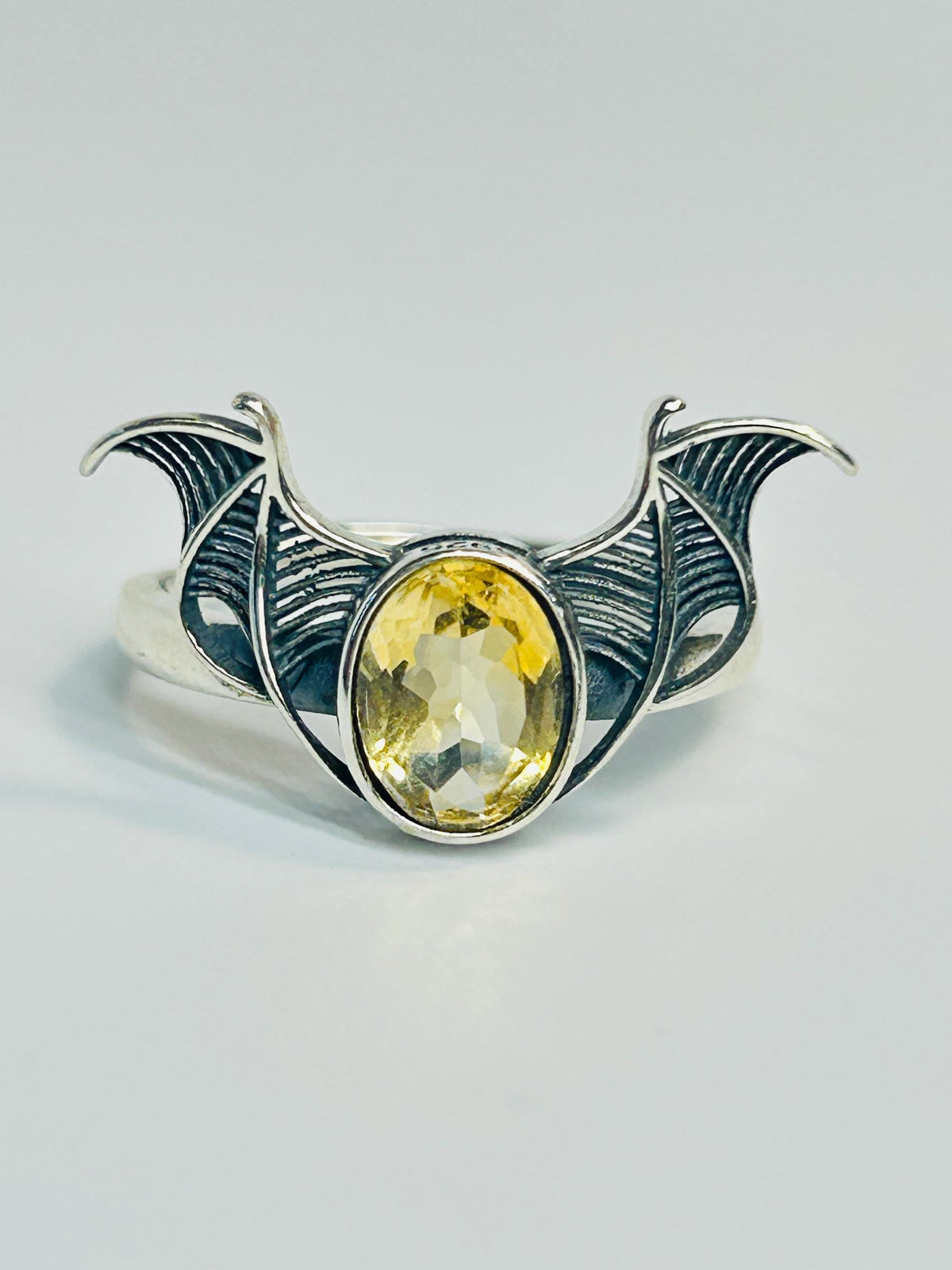 Citrine Bat Ring in 925 Sterling Silver - Adjustable Goth Vampire Wing Jewellery Celtic Dragon Jewellery