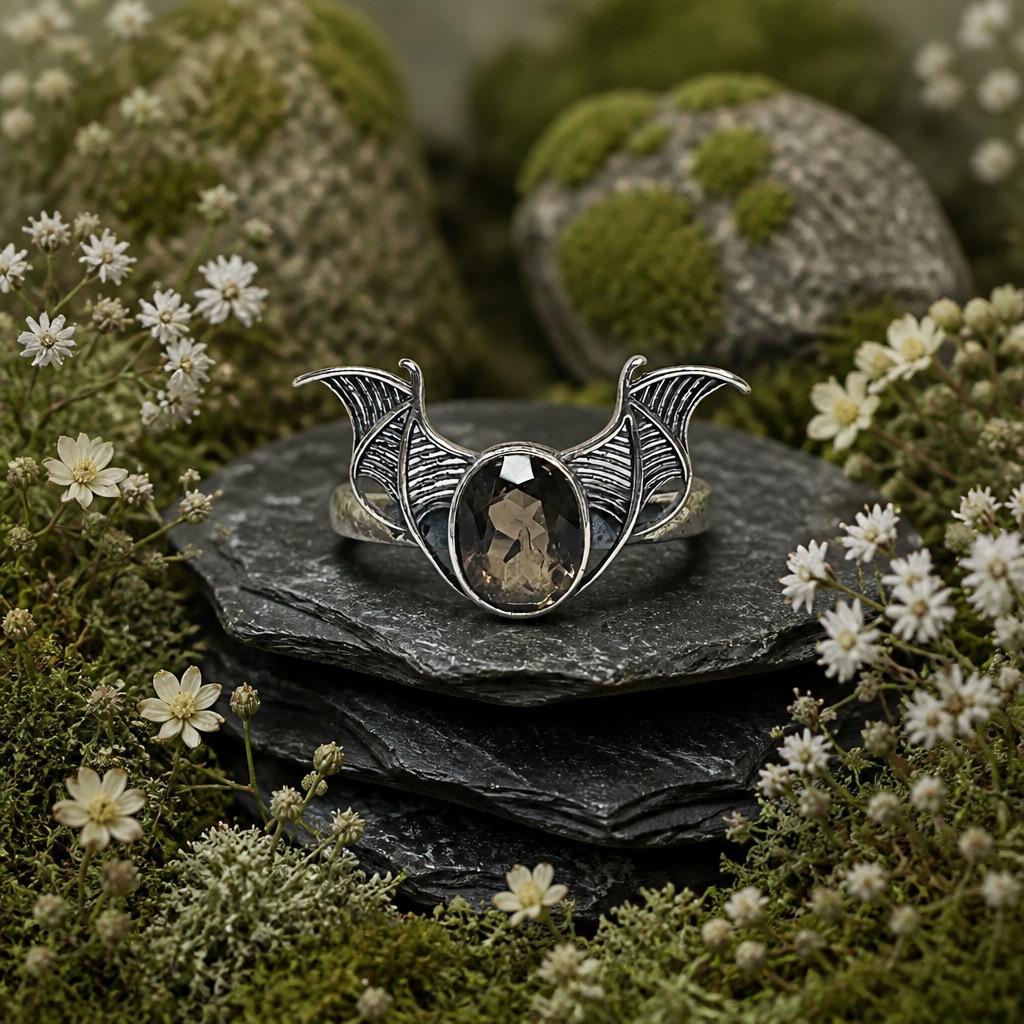 Smoky Quartz Bat Ring in 925 Sterling Silver - Adjustable Goth Vampire Wing Jewellery Celtic Dragon Jewellery
