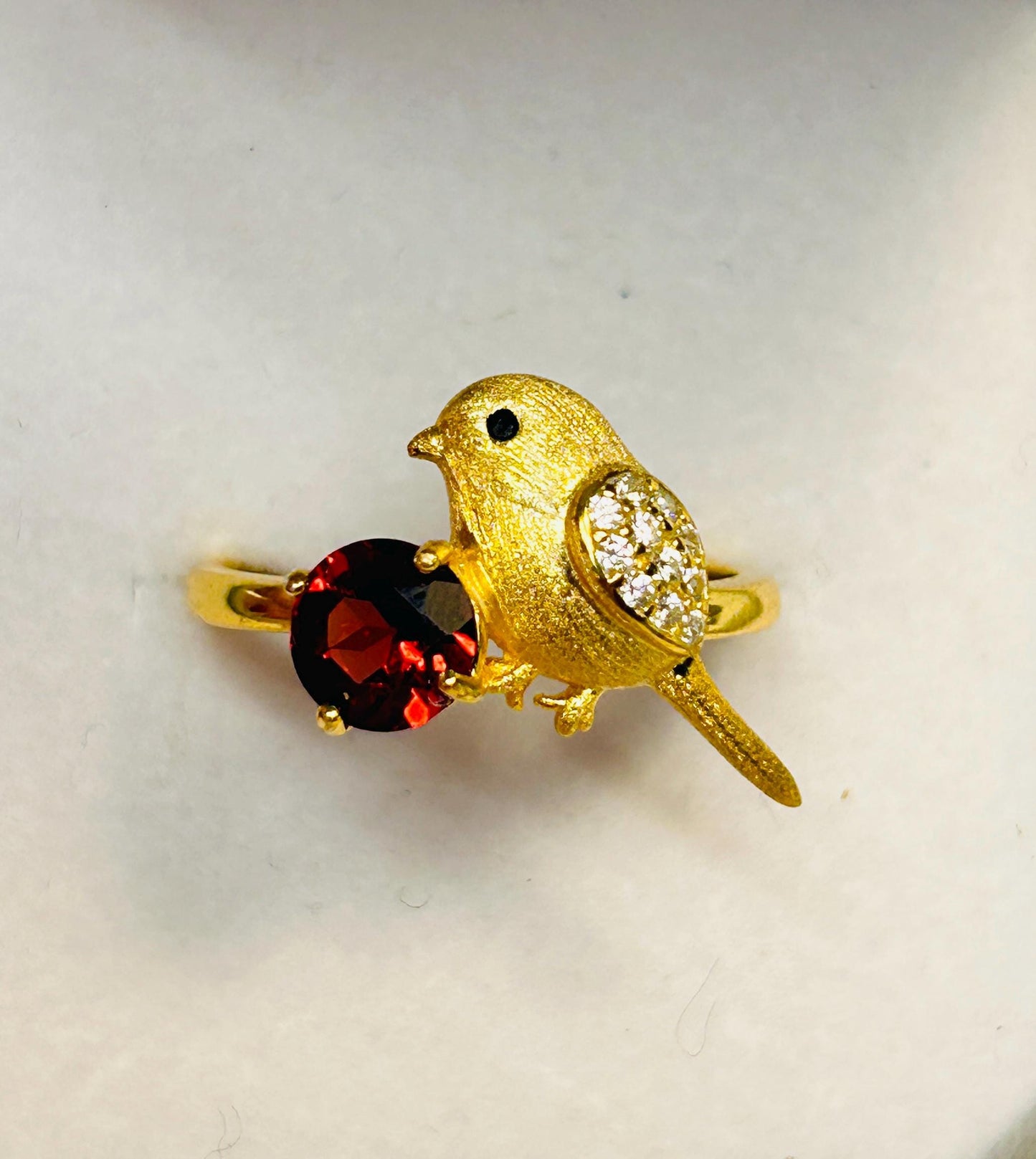 Gold Plated Bird Ring with Garnet - 925 Sterling Silver Adjustable Whimsical Nature Statement Gift Celtic Dragon Jewellery