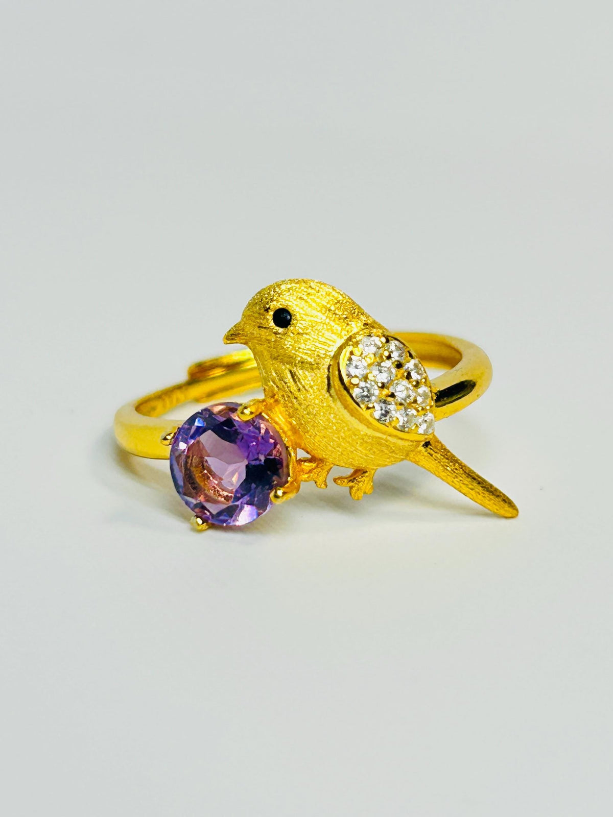 Gold Plated Bird Ring with Amethyst - 925 Sterling Silver Adjustable Whimsical Nature Statement Gift Celtic Dragon Jewellery