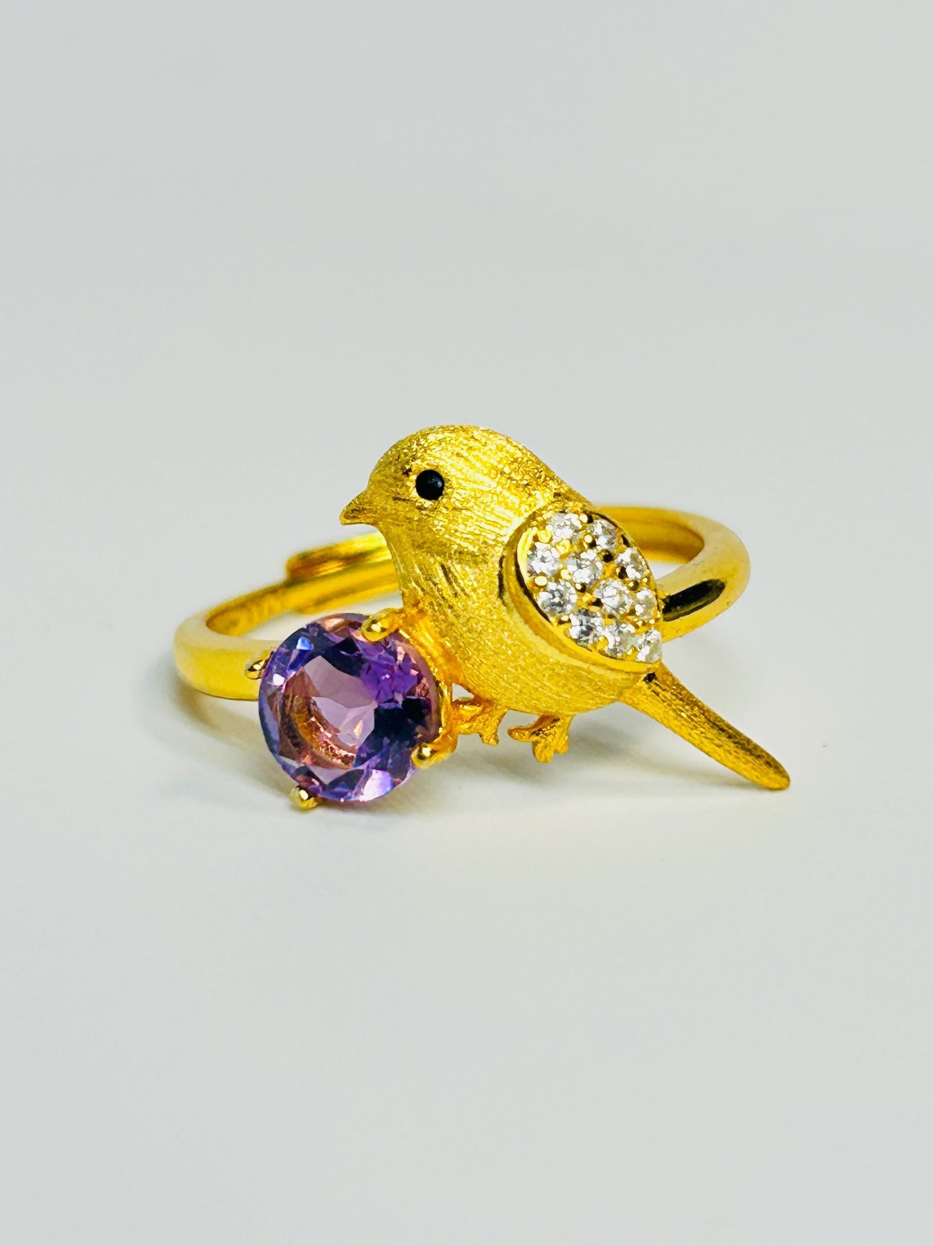 Gold Plated Bird Ring with Amethyst - 925 Sterling Silver Adjustable Whimsical Nature Statement Gift Celtic Dragon Jewellery