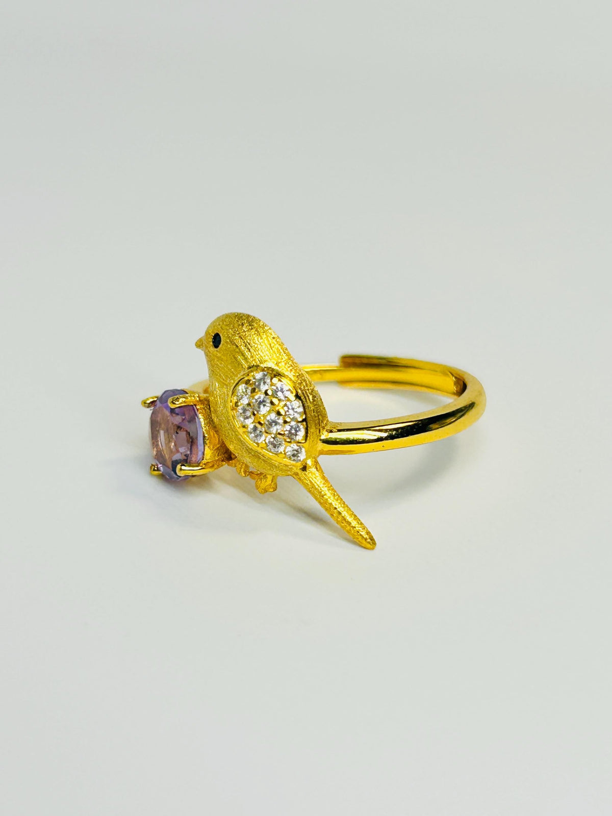 Gold Plated Bird Ring with Amethyst - 925 Sterling Silver Adjustable Whimsical Nature Statement Gift Celtic Dragon Jewellery