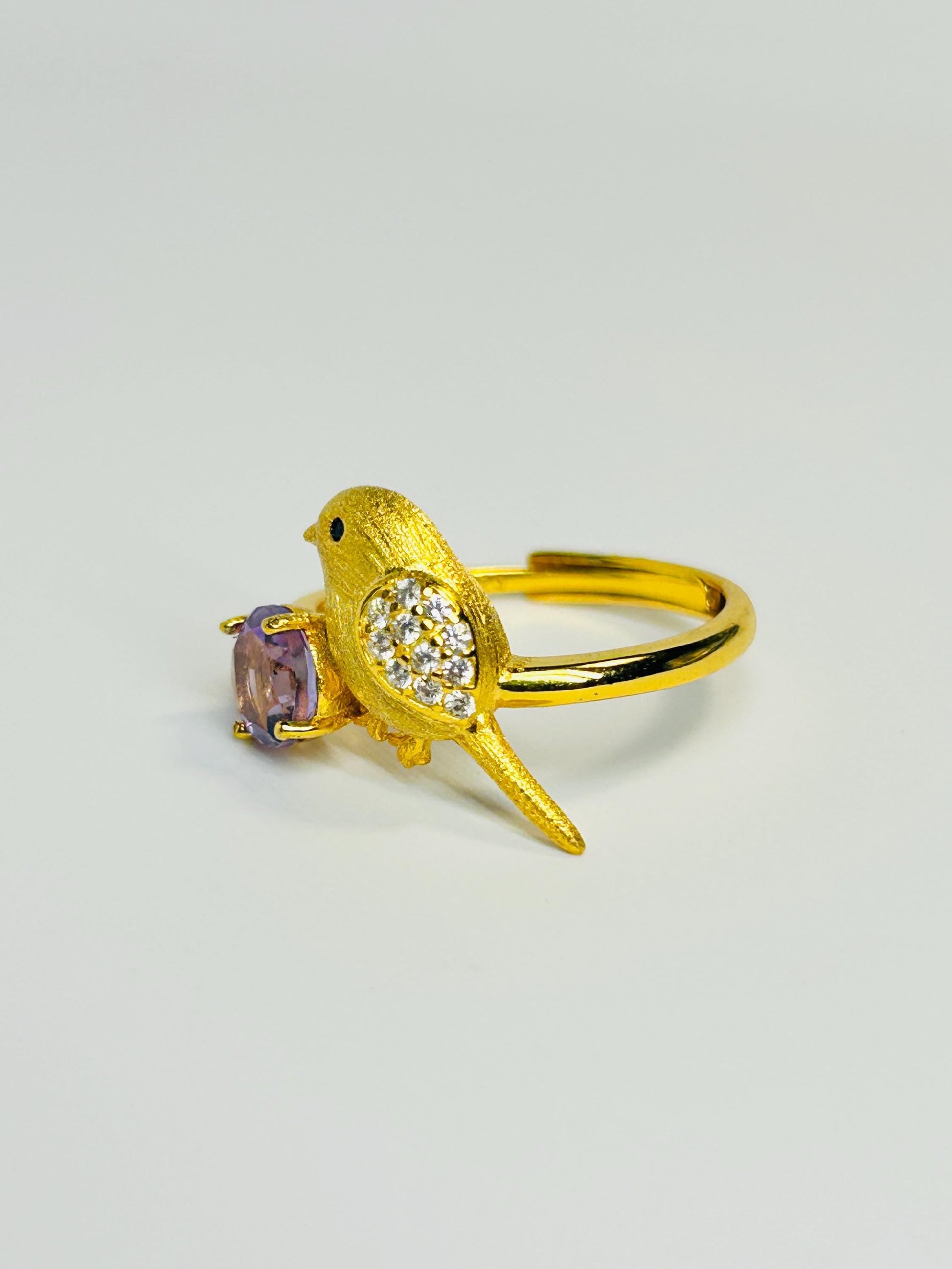 Gold Plated Bird Ring with Amethyst - 925 Sterling Silver Adjustable Whimsical Nature Statement Gift Celtic Dragon Jewellery