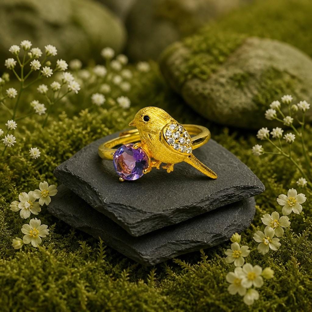 Gold Plated Bird Ring with Amethyst - 925 Sterling Silver Adjustable Whimsical Nature Statement Gift Celtic Dragon Jewellery