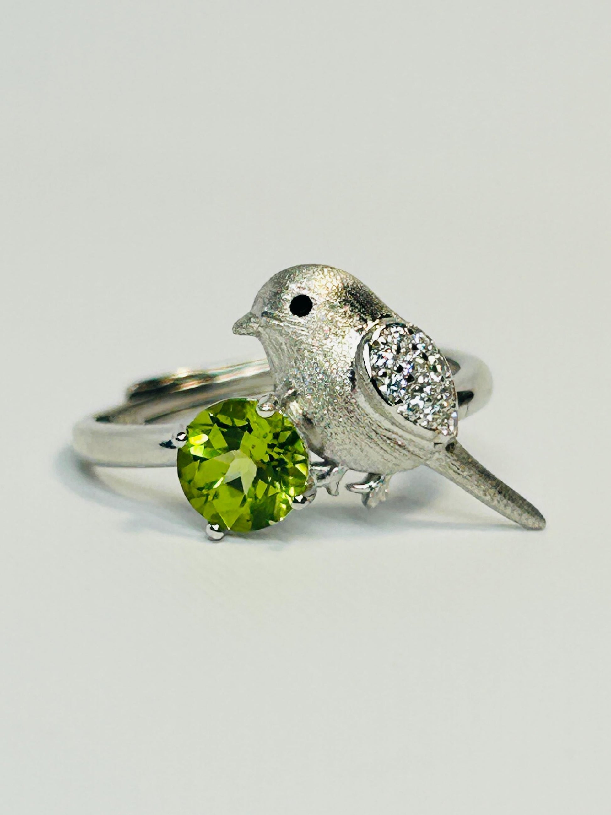 Bird Ring with Peridot - 925 Sterling Silver Adjustable Whimsical Nature Statement Gift Celtic Dragon Jewellery