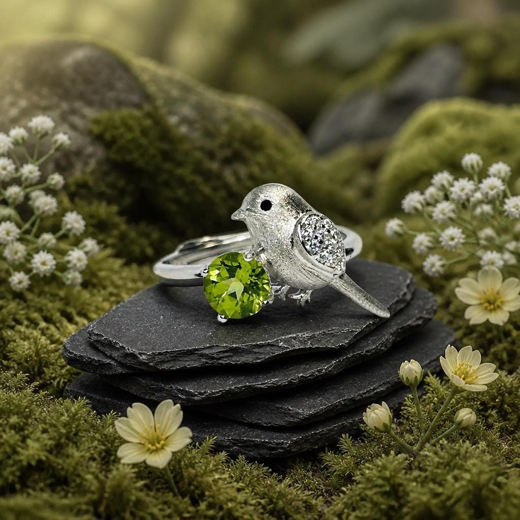 Bird Ring with Peridot - 925 Sterling Silver Adjustable Whimsical Nature Statement Gift Celtic Dragon Jewellery