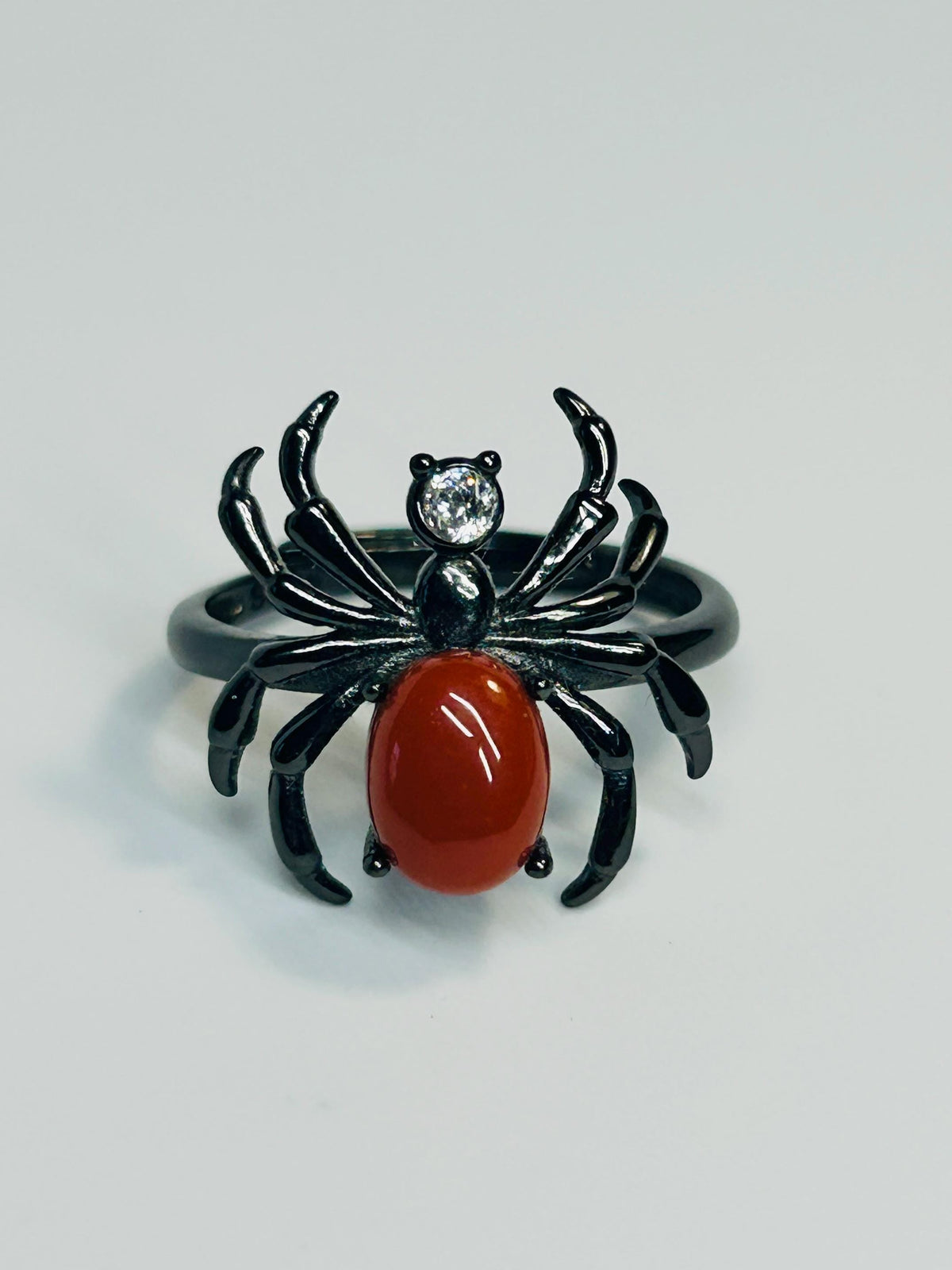 Black Ruthenium Plated Sterling Silver Spider Ring with Southern Red Agate - Adjustable Gothic Jewellery Celtic Dragon Jewellery