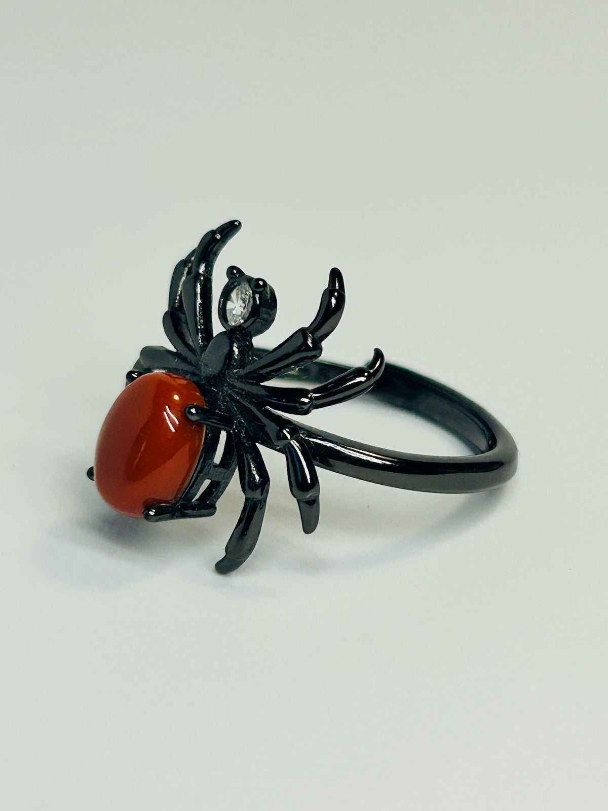 Black Ruthenium Plated Sterling Silver Spider Ring with Southern Red Agate - Adjustable Gothic Jewellery