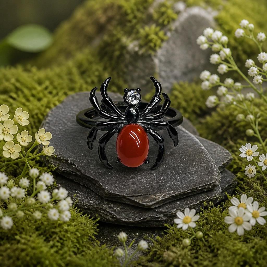 Black Ruthenium Plated Sterling Silver Spider Ring with Southern Red Agate - Adjustable Gothic Jewellery