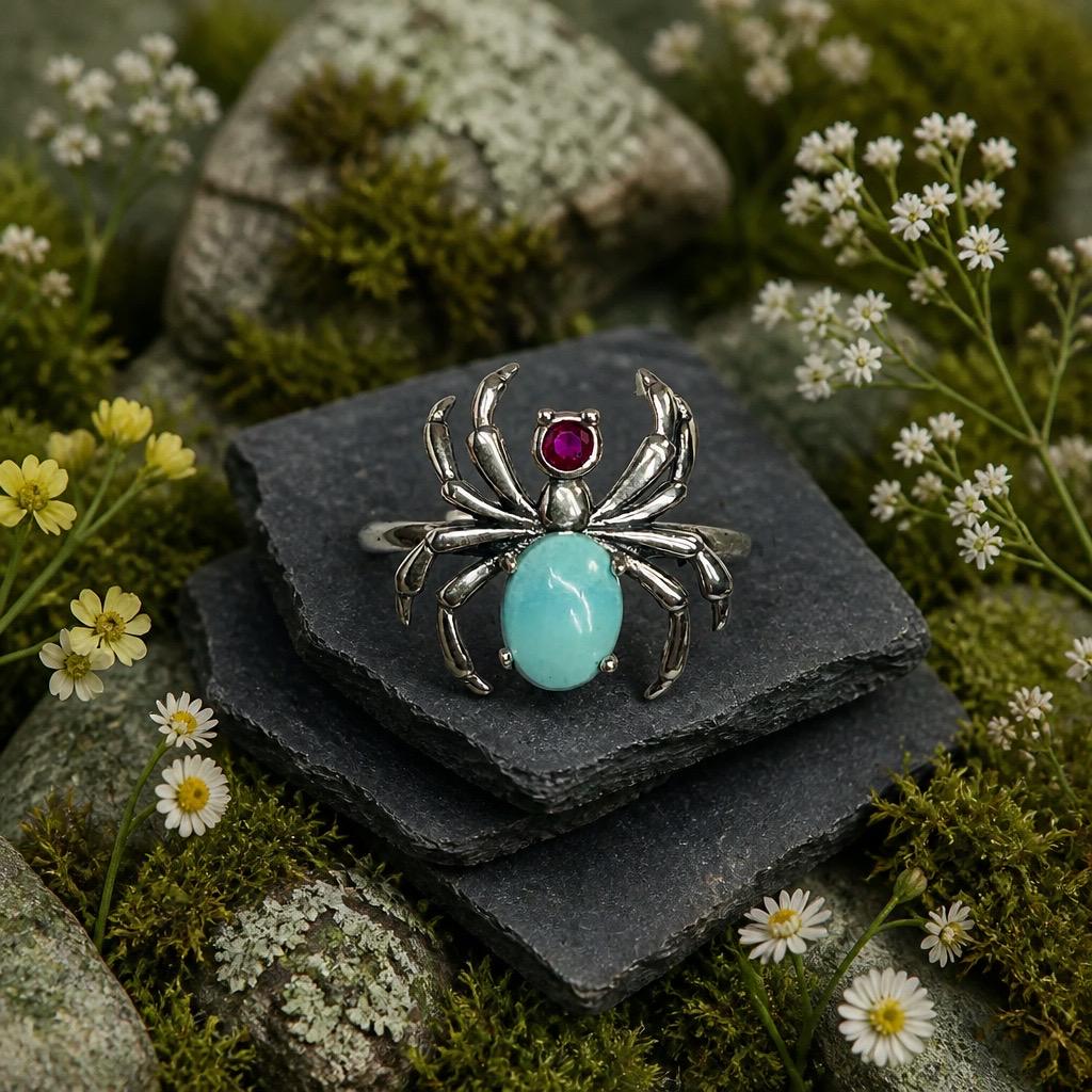 Sterling Silver Spider Ring with Genuine Turquoise - Adjustable Gothic Jewellery Celtic Dragon Jewellery