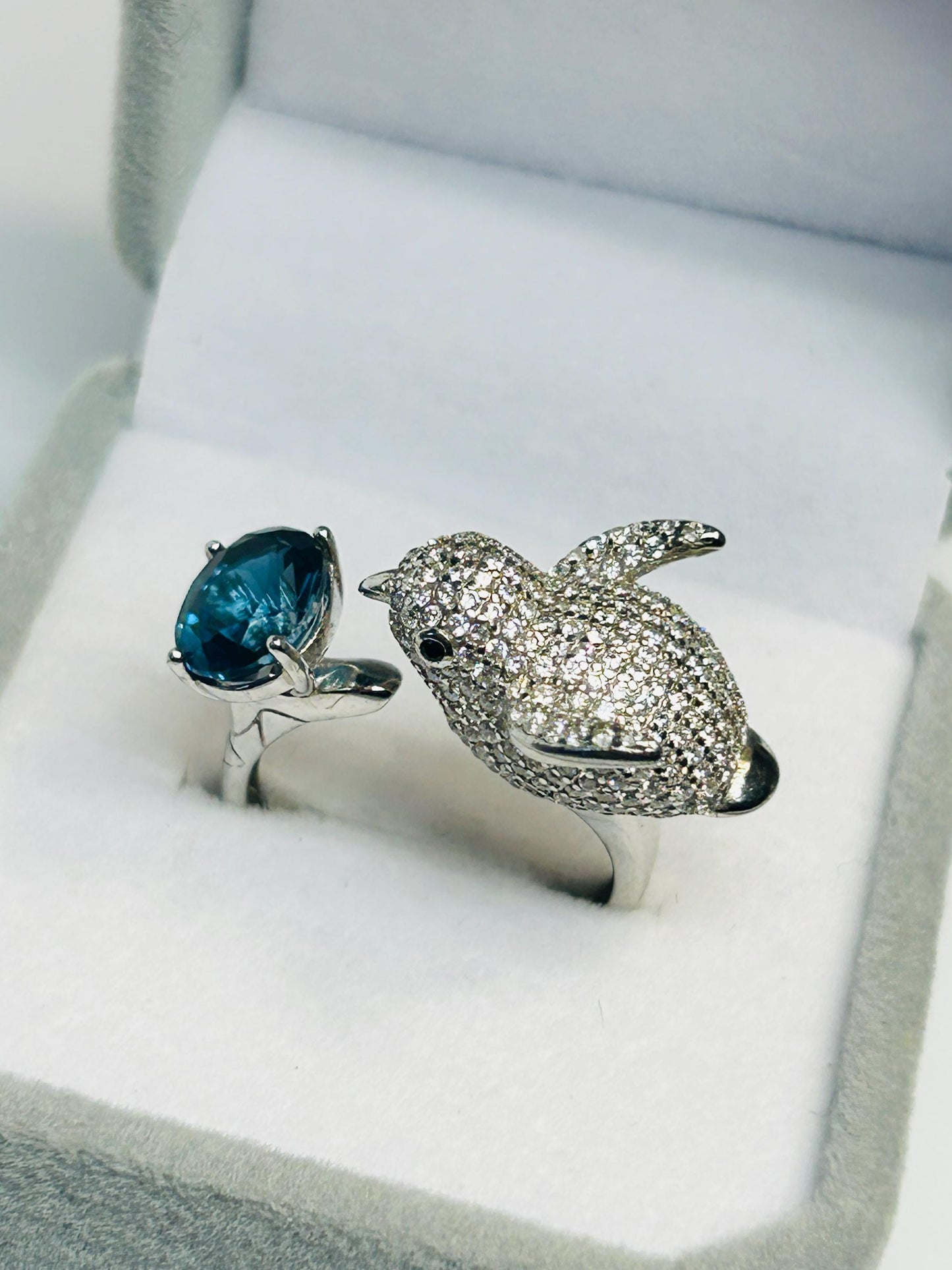 Sterling Silver Bird Ring with London Blue Topaz, Zirconia Encrusted - Adjustable Statement Jewellery Celtic Dragon Jewellery