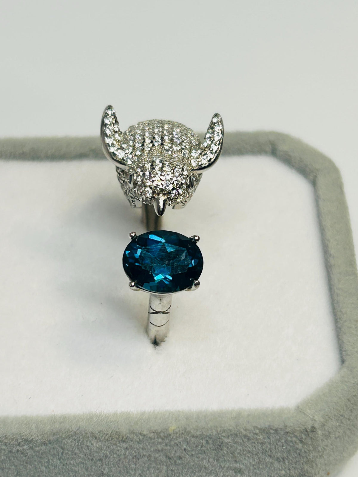 Sterling Silver Bird Ring with London Blue Topaz, Zirconia Encrusted - Adjustable Statement Jewellery Celtic Dragon Jewellery