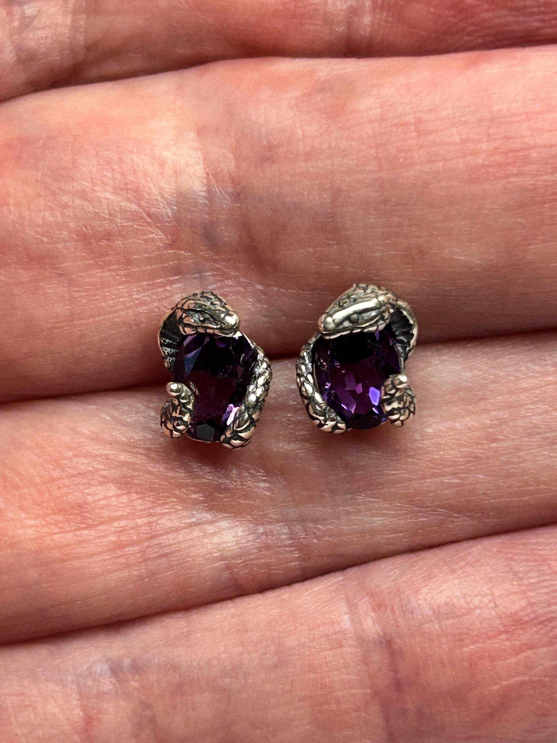 Small Snake Earrings With Amethyst Gemstones - 925 Sterling Silver - Gothic Serpent Jewellery Celtic Dragon Jewellery