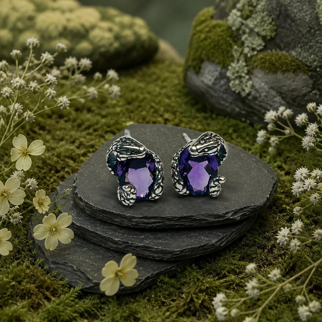Small Snake Earrings With Amethyst Gemstones - 925 Sterling Silver - Gothic Serpent Jewellery Celtic Dragon Jewellery