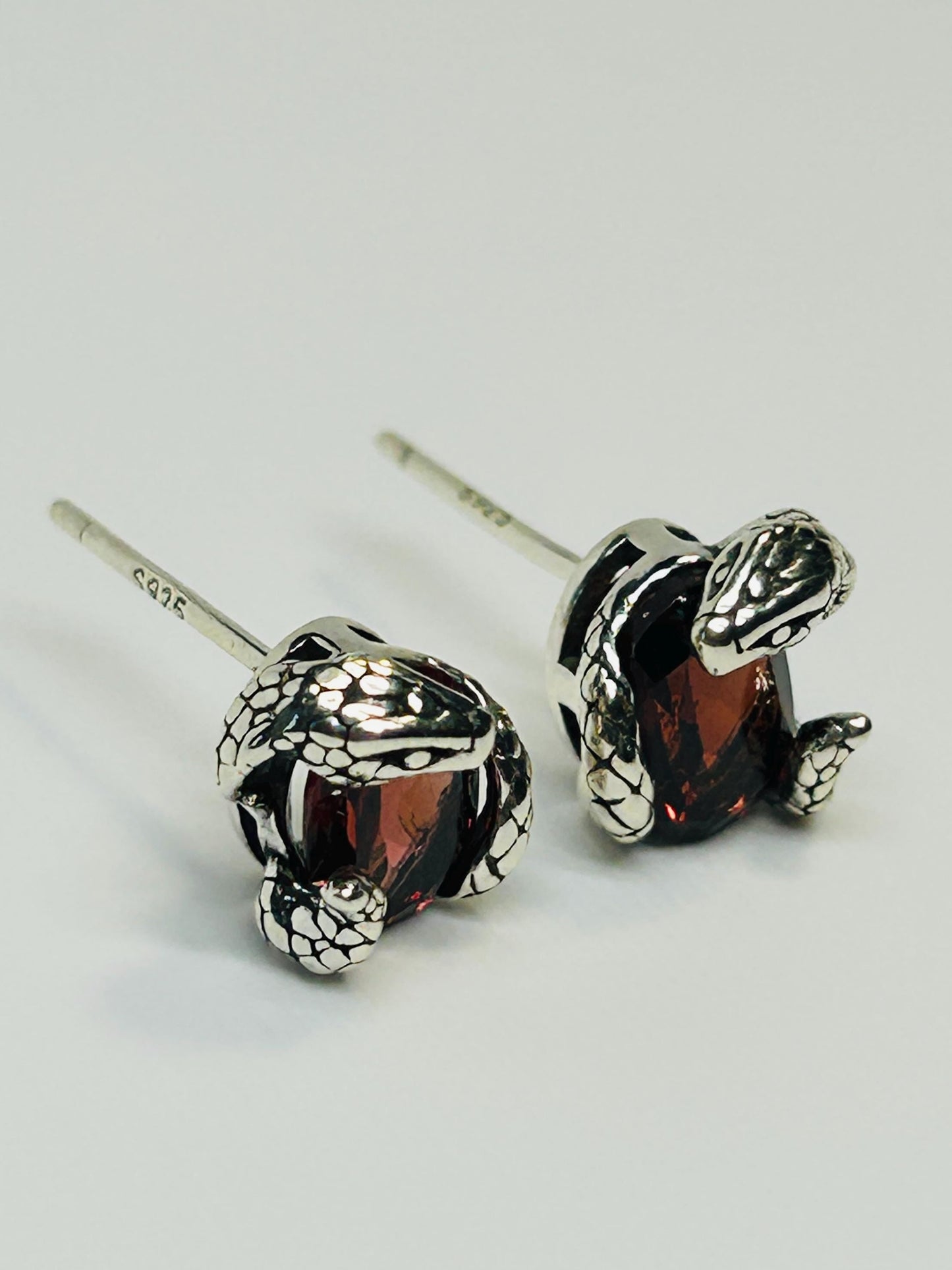 Small Snake Earrings With Garnet Gemstones - 925 Sterling Silver - Gothic Serpent Jewellery Celtic Dragon Jewellery