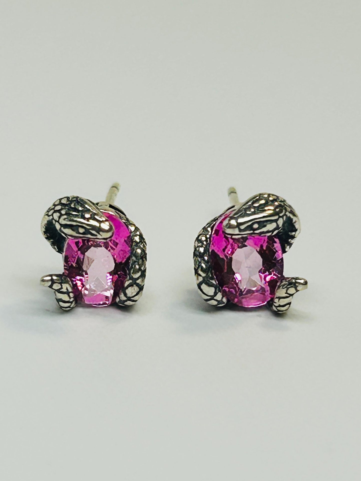 Small Snake Earrings With Pink Topaz Gemstones - 925 Sterling Silver - Gothic Serpent Jewellery Celtic Dragon Jewellery