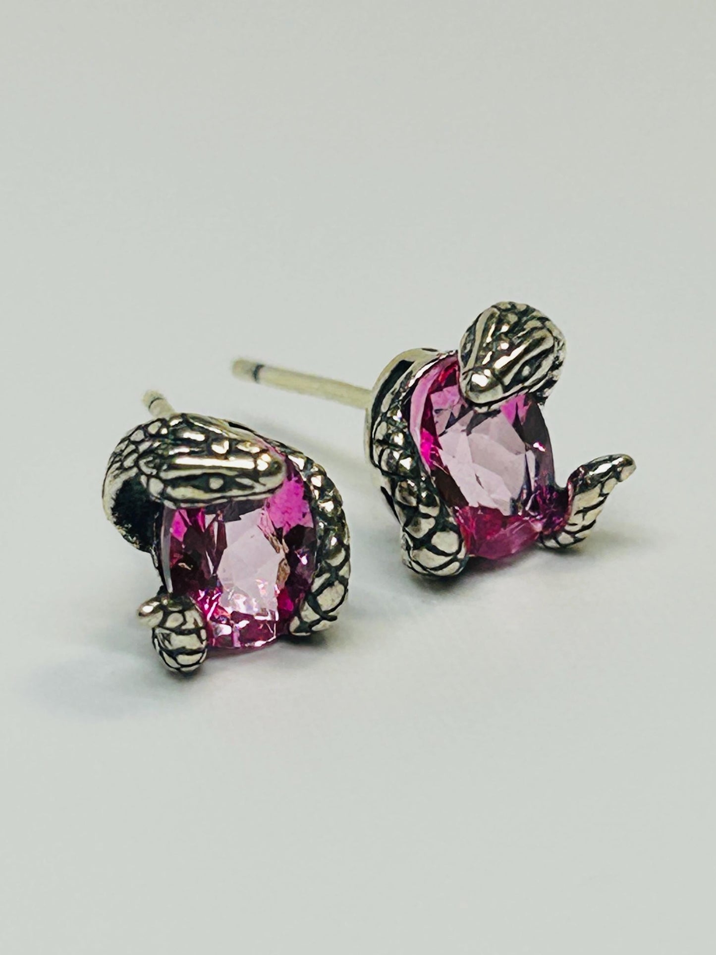 Small Snake Earrings With Pink Topaz Gemstones - 925 Sterling Silver - Gothic Serpent Jewellery Celtic Dragon Jewellery