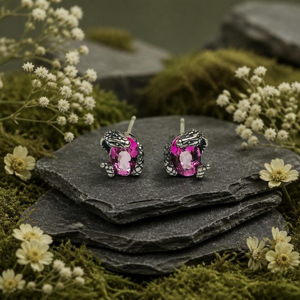 Small Snake Earrings With Pink Topaz Gemstones - 925 Sterling Silver - Gothic Serpent Jewellery Celtic Dragon Jewellery