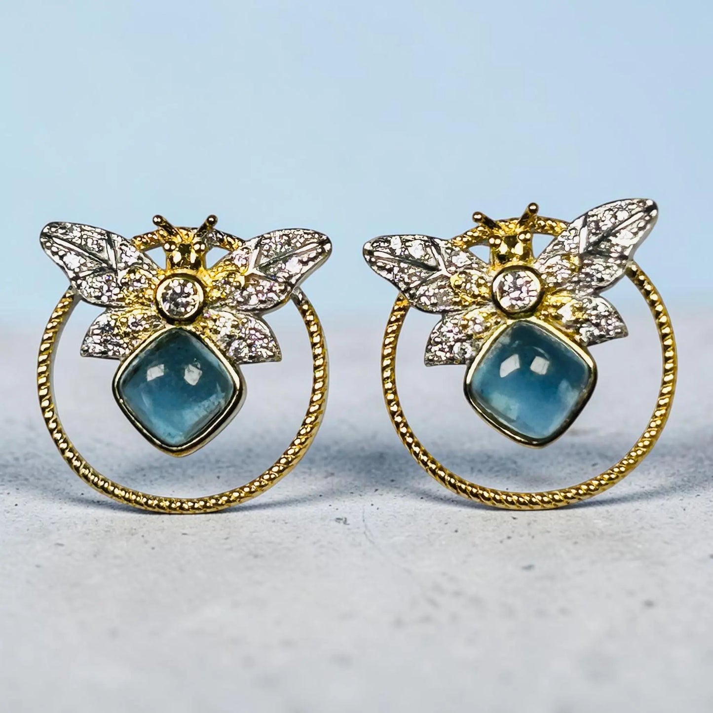 Natural Aquamarine Bee Stud Earrings -  925 Sterling Silver Bumblebee Jewellery Celtic Dragon Jewellery