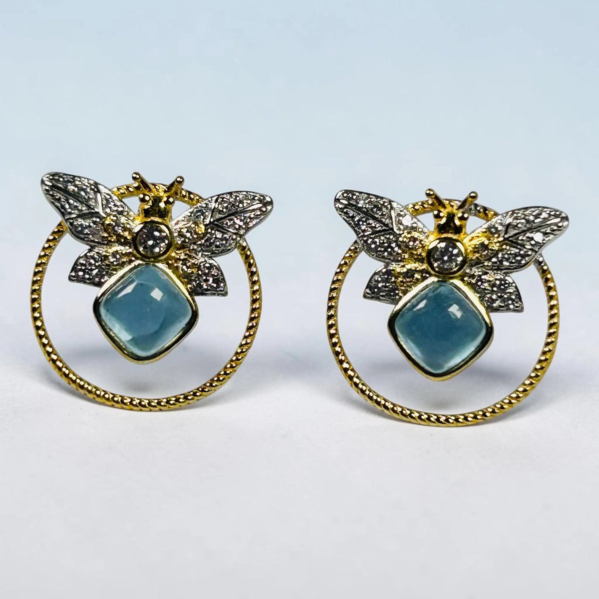 Natural Aquamarine Bee Stud Earrings -  925 Sterling Silver Bumblebee Jewellery Celtic Dragon Jewellery