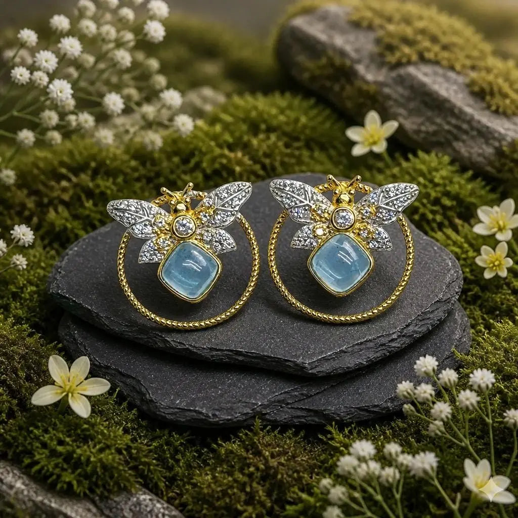 Natural Aquamarine Bee Stud Earrings -  925 Sterling Silver Bumblebee Jewellery Celtic Dragon Jewellery