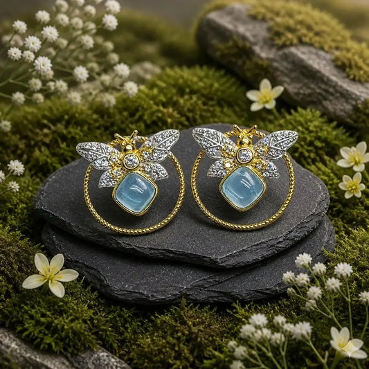 Natural Aquamarine Bee Stud Earrings -  925 Sterling Silver Bumblebee Jewellery Celtic Dragon Jewellery